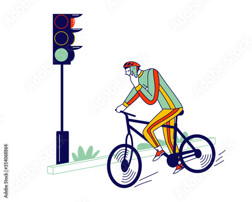 Careless Biker Male Character Riding Bicycle on City Road Speaking by Smartphone Ignoring Traffic Light. Human Carelessness Concept, Danger on Road, Harmful Gadget Impact. Linear Vector Illustration