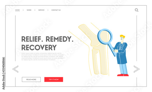 Orthopedics Healthcare Landing Page Template. Doctor Orthopedist Character Looking on Huge Leg Bones, Knee Joint through Magnifying Glass. Medical Check Up in Hospital. Linear Vector Illustration