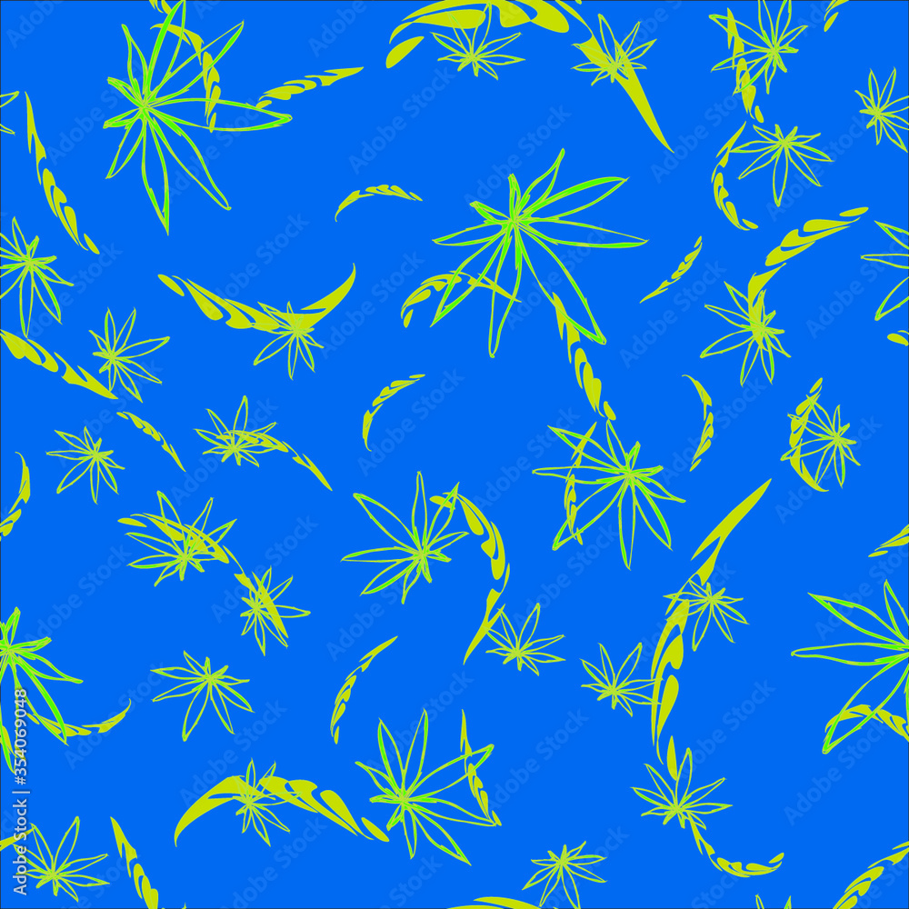 green cannabis leaves in a chaotic scatter on an abstract blue background seamless pattern