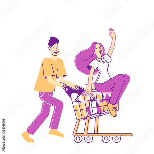 Happy Couple Characters Fool in Supermarket Riding Trolley. Happy Man Pushing Shopping Cart with his Girlfriend Sitting inside. Sparetime, Leisure, Vacation Fun. Linear People Vector Illustration