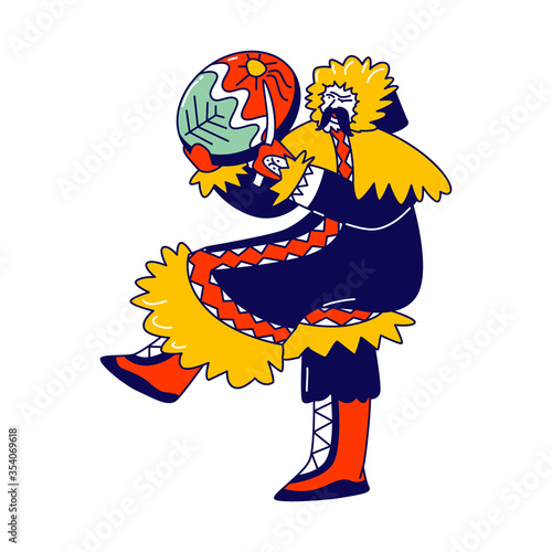 Eskimo Shaman, Character of Northern Minorities Jump with Tambourine and Amulets Dancing Magical Dance. Caster and Magician Chukchi, Inuit Communicate with Spirit World. Linear Vector Illustration