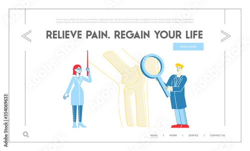Orthopedics Healthcare Landing Page Template. Doctor Orthopedist Character Pointing on Huge Leg Bone, Nurse with Magnifying Glass. Medical Hospital Concilium. Linear People Vector Illustration