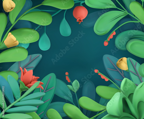 Abstract plants and flowers frame. 3d plasticine art vector illustration
