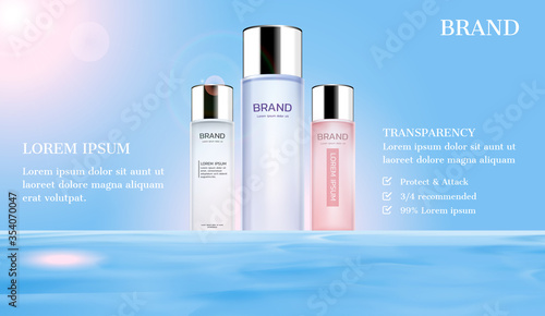 Cosmetic ads. Serum on water surface with sunlight