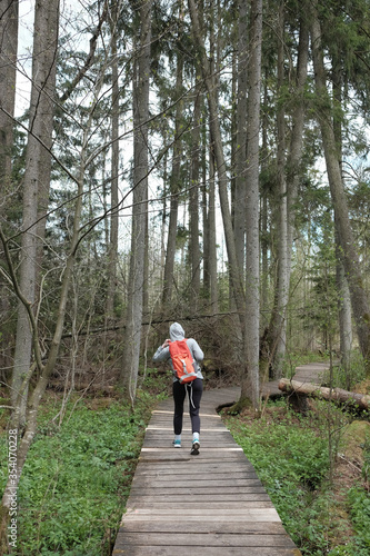 Nature reserve. Young woman travels with orange travel backpack in summer cloudy forest.