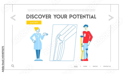 Doctor Orthopedist Hospital Appointment Landing Page Template. Invalid Man Character Stand on Crutches with Prosthesis on Leg Visiting Orthopedy Clinic or Hospital. Linear People Vector Illustration