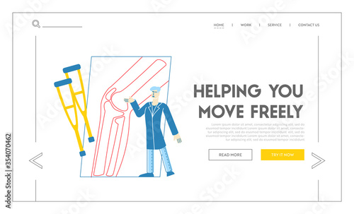 Healthcare, Hospital, Physician Specialist in Clinic Landing Page Template. Tiny Doctor Character Orthopedist in Uniform Point on Huge X-ray Picture with Knee Joint Bones. Linear Vector Illustration