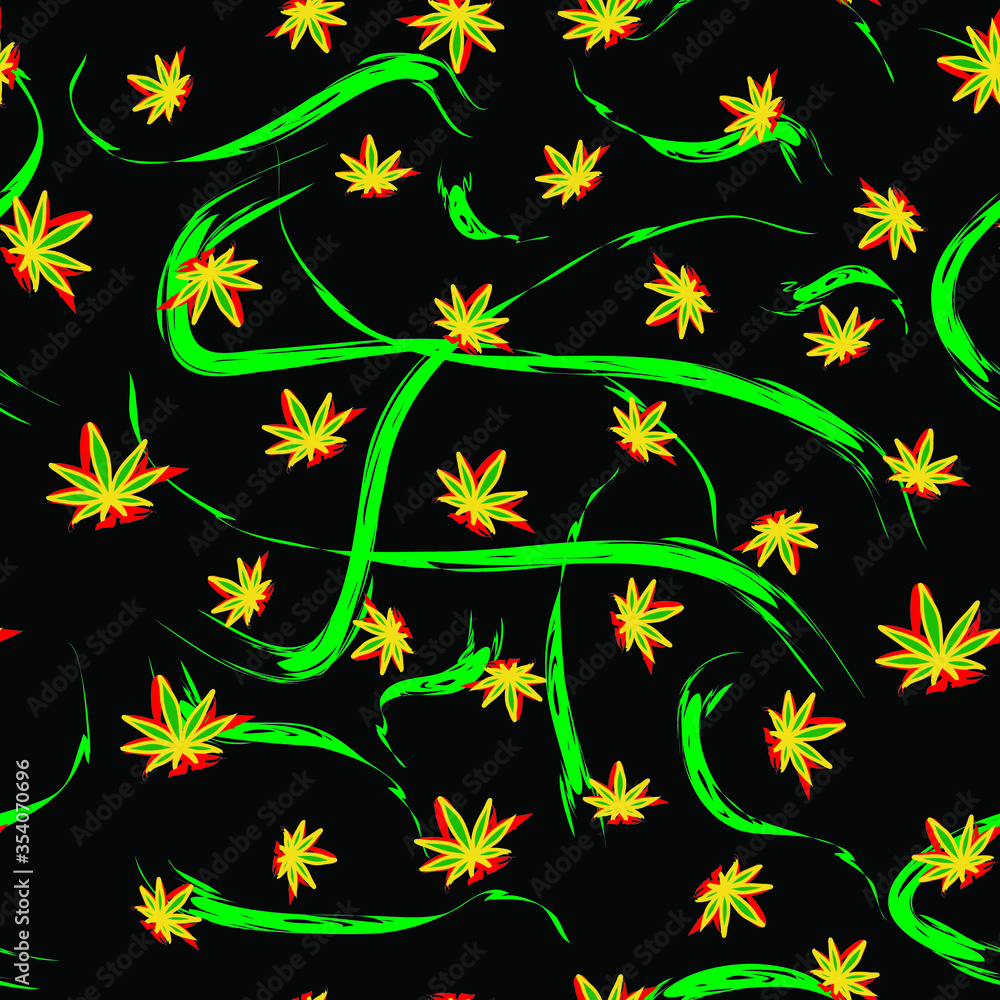 Naklejka premium hemp reggae seamless pattern great for fabric wrapping paper leaves on a black background