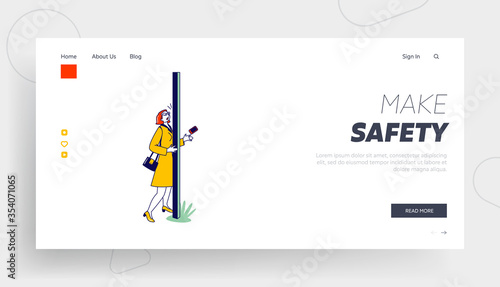 Human Carelessness, Harmful Gadget Impact Landing Page Template. Thoughtless Female Character Bump into Pole on Street while using Smartphone. Woman Ignoring Danger on Road. Linear Vector Illustration