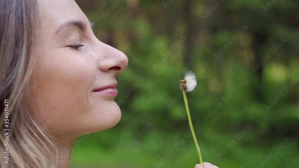 A beautiful young woman stands in the forest and blows a dandelion. On the street. enjoy nature. A healthy, smiling girl on a summer lawn. Allergy-free concept A beautiful young woman stands in the forest and blows a dandelion. On the street. enjoy nature. A healthy, smiling girl on a summer lawn. Allergy-free concept
