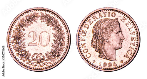 Obraz na płótnie 20 Centimes of Swiss Franc Coin, 1994, Switzerland, Current National Currency
