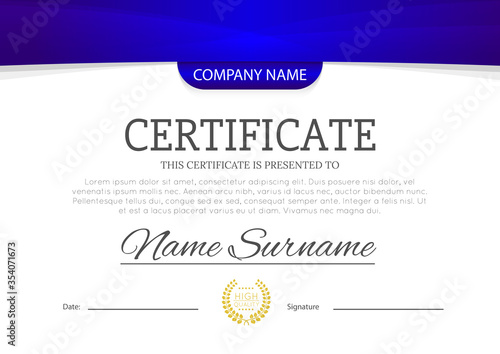 Modern blue or cyan color certificate or diploma A4 horisontal template design vector illustration mock-up. EPS 10