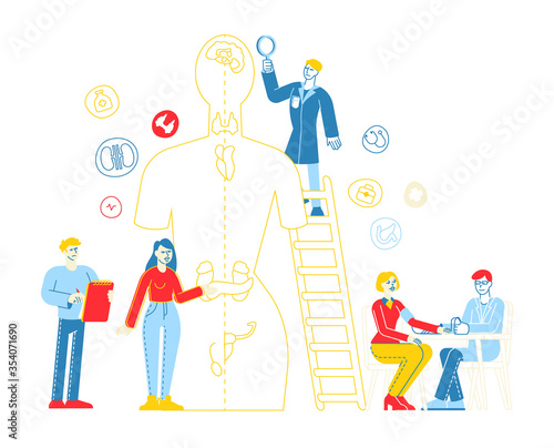 Endocrinology, Hormone Disease and Disbalance. Medicine and Biology Endocrine System Branch. Doctor and Patient Character Behavioral Comparative Treatment Research. Linear People Vector Illustration