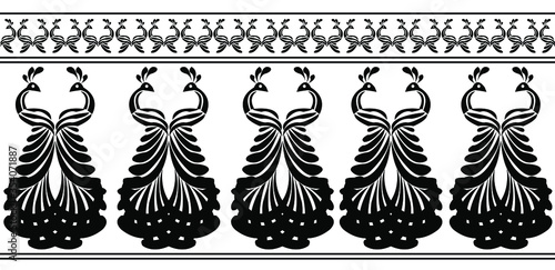 Saree Border design of Peacock with Feathers - Indian Traditional and Cultural Rangoli, Alpona, Kolam or Paisley vector line art
