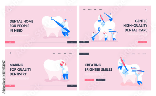 Dental Care Landing Page Template Set. Tiny Dentist Characters in Robe Cleaning or Brushing Huge Teeth. Doctor Use Mirror. Health Care, Oral Treatment, Check Up. Cartoon People Vector Illustration