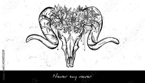 Animal skull and wreath of flowers sketch tattoo design. Hand drawn vector illustration