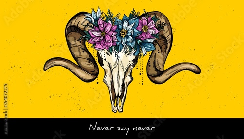 Animal skull and wreath of flowers sketch tattoo design. Hand drawn vector illustration