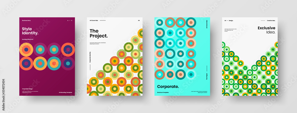 Fototapeta premium Company identity brochure template collection. Business presentation vector A4 vertical orientation front page mock up set. Corporate report cover abstract geometric illustration design layout bundle.