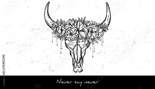 Animal skull and wreath of flowers sketch tattoo design. Hand drawn vector illustration
