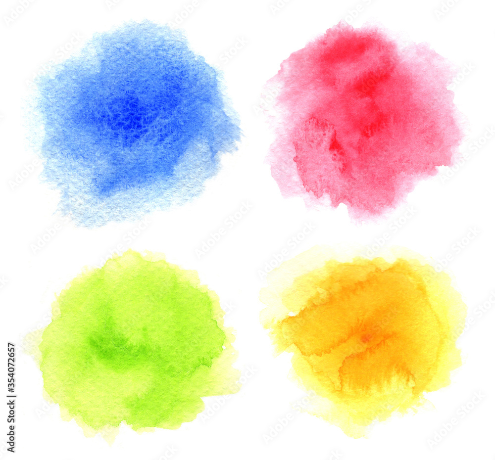 Blue, red, light lime green and yellow watercolor painted in circle shape on a white rough watercolor paper. Four colors isolated on white background. Blue, red, light lime green and yellow watercolor painted in circle shape on a white rough watercolor paper. Four colors isolated on white background.