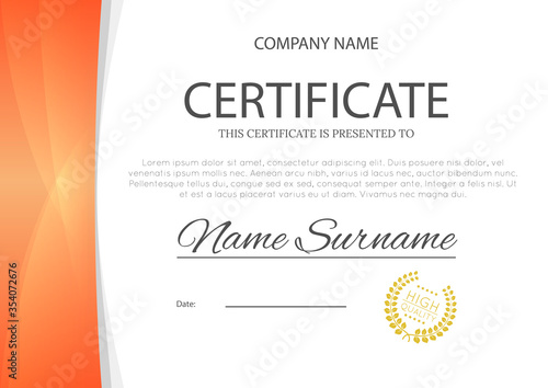Modern ornage color certificate or diploma A4 horisontal template design vector illustration mock-up. EPS 10