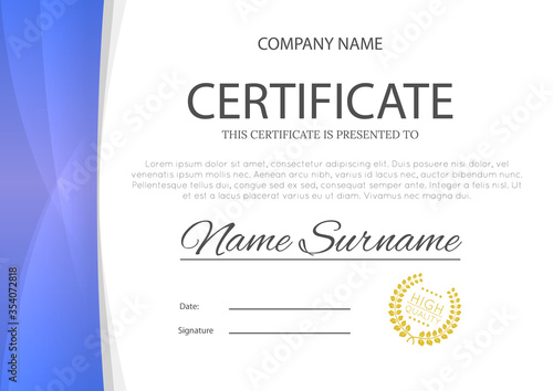 Modern blue or cyan color certificate or diploma A4 horisontal template design vector illustration mock-up. EPS 10
