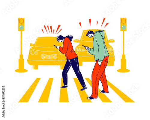 Careless Characters Using Smartphone while Crossing City Road Ignoring Traffic Light and Cars Signaling. Human Carelessness Concept, Danger on Road, Harmful Gadget Impact. Linear Vector Illustration