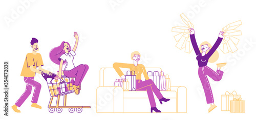 Shopaholic Characters Spare Time. Couple Fool in Supermarket Riding Trolley. Cheerful Woman Hold Shopping Bags with Purchases. Happy Man Push Shopping Cart with Girl. Linear People Vector Illustration