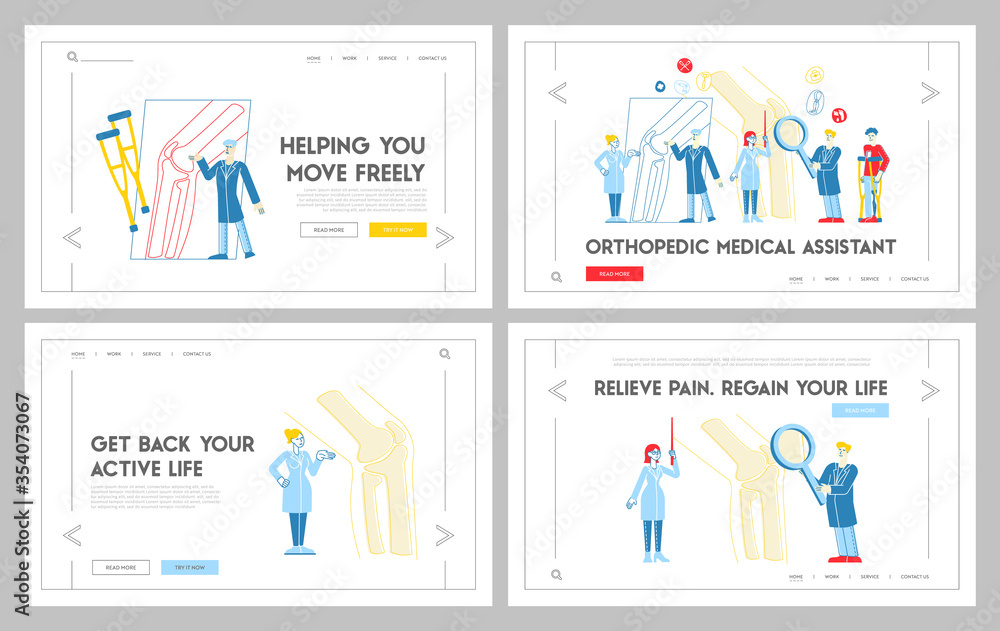 Orthopedics Healthcare Appointment Landing Page Template Set. Doctor Orthopedist Characters at Huge Leg Bone, Nurse with Magnifying Glass. Medical Hospital Concilium. Linear People Vector Illustration