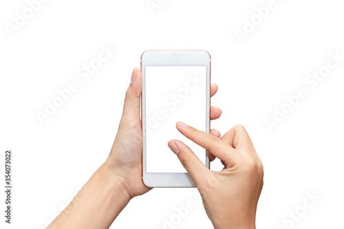 Close up women's hand holding smartphone and hand gesture zoom in with blank white screen for put it on your own webpage or message isolated on white background
