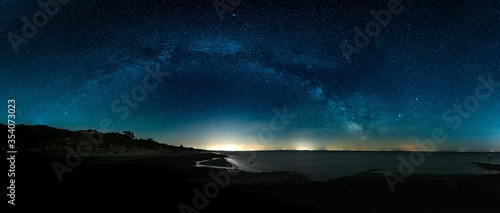 Amazing Panoramic HDR Landscape view of Milky way over Night sky