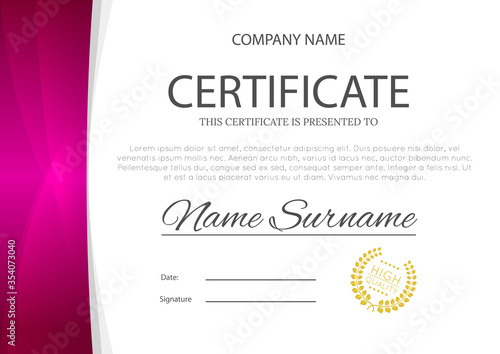 Modern pink or purple violet color certificate or diploma A4 horisontal template design vector illustration mock-up. EPS 10