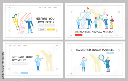 Orthopedics Healthcare Appointment Landing Page Template Set. Doctor Orthopedist Characters at Huge Leg Bone, Nurse with Magnifying Glass. Medical Hospital Concilium. Linear People Vector Illustration