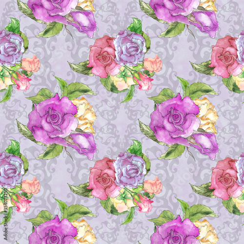  Alice in Wonderland cute watercolor roses seamless pattern