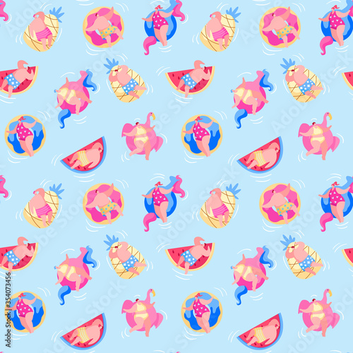 Seamless Pattern with People Have Fun, Relaxing on Summer Vacation Resort. Male Female Characters Swimming on Inflatable Mattresses in Ocean, Sea or Swimming Pool. Cartoon People Vector Illustration