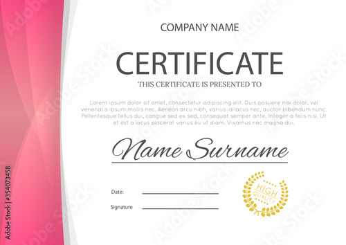 Modern pink color certificate or diploma A4 horisontal template design vector illustration mock-up. EPS 10