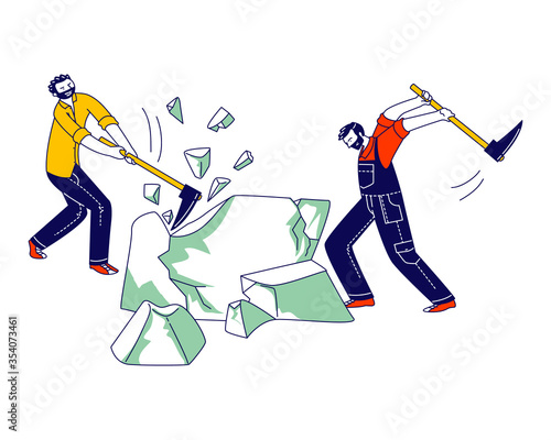 Couple of Male Characters Breaking Huge Ice Block Using Pickaxes for Distribution to Restaurants and Stores, for Cooking Cocktails in Bar or Nightclub, Ice Mining. Linear People Vector Illustration