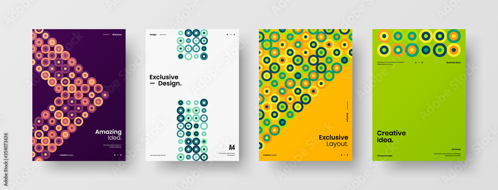 Fototapeta premium Company identity brochure template collection. Business presentation vector A4 vertical orientation front page mock up set. Corporate report cover abstract geometric illustration design layout bundle.