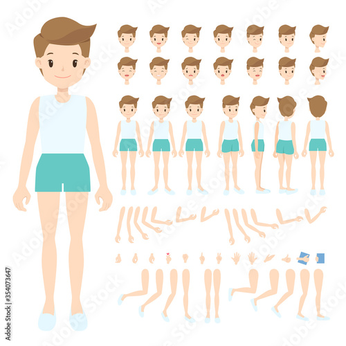Young man in white singlet and brown shorts. Front, back, side, 3/4 view, turn around character. Flat cartoon boy with parts of body, face expression, arm, leg, and hand pose. Vector illustration.