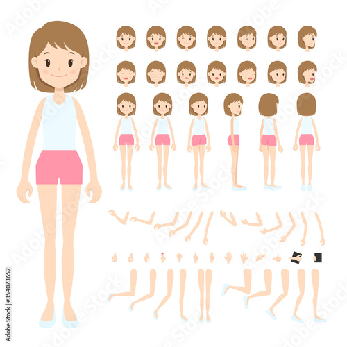 Young woman in white singlet and brown shorts. Front, back, side, 3/4 view, turn around character. Flat cartoon girl with parts of body, face expression, arm, leg, and hand pose. Vector illustration.