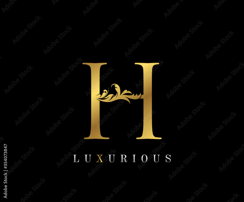 Gold Elegant letter H. Graceful style icon. Calligraphic beautiful logo. Vintage drawn emblem for book design, brand name, wedding card, Restaurant, Boutique, Hotel.