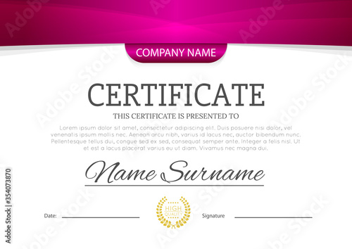 Modern pink or purple violet color certificate or diploma A4 horisontal template design vector illustration mock-up. EPS 10