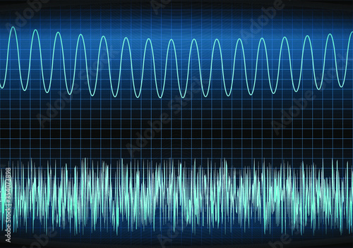 White noise and sine wave on the oscilloscope. The voltage waveform. A sound wave of light on a dark background. Turquoise color. Stock vector illustration.