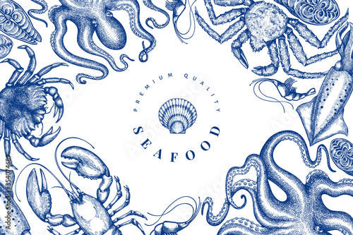 Seafood design template. Hand drawn vector seafood illustration. Engraved style food banner. Vintage sea animals background