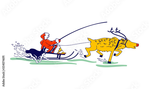 Eskimo Female Character Riding Reindeer Sleigh with happy Dog Run beside. Life in Far North. Inuit in Traditional Clothing Wearing Esquimau Person Driving Sled Outdoors. Linear Vector Illustration
