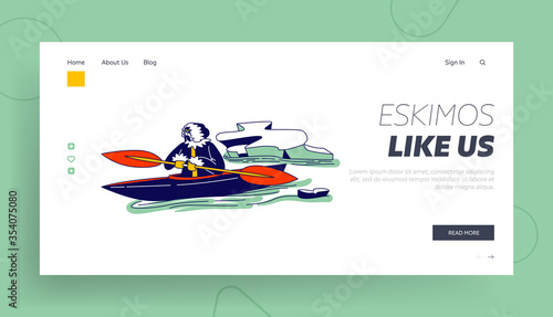 Inuit Esquimau Fishing Landing Page Template. Eskimo Male Character in Traditional Warm Clothing Floating on Kayak with Paddles at Frozen Sea with Broken Ice Pieces. Linear Vector Illustration