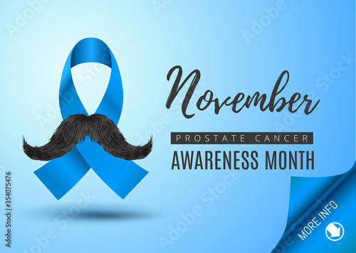 Vector Stock Template Prostate Cancer Movember Blue Awareness Ribbon with Mustache. Prostate cancer awareness November symbol, isolated on white background with blue paper corner element. photo
