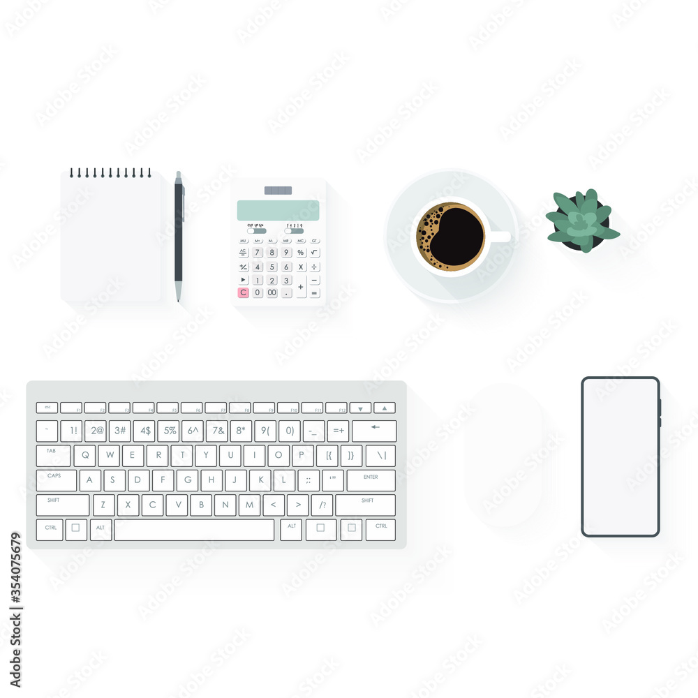top view of office desk workspace with coffee cup, notebook, plastic plant, smartphone and keyboard on white background, graphic designer, Creative Designer concept. top view of office desk workspace with coffee cup, notebook, plastic plant, smartphone and keyboard on white background, graphic designer, Creative Designer concept.