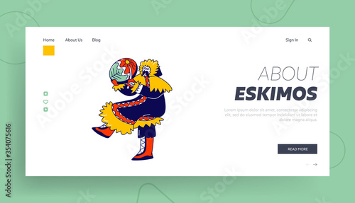 Eskimo Shaman Landing Page Template. Character of Northern Minorities Jump with Tambourine and Amulets Dancing Magical Dance. Magician Communicate with Spirit World. Linear Vector Illustration