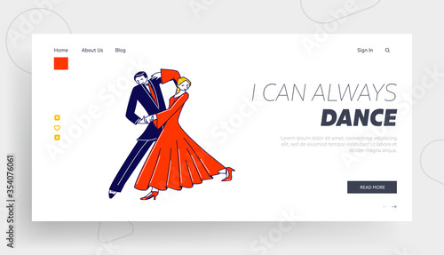 Dance Leisure, Sparetime, Performance or Hobby Landing Page Template. Couple Dancing Waltz or Tango. People Active Lifestyle, Dancer Partners Characters Spend Time Together. Linear Vector Illustration